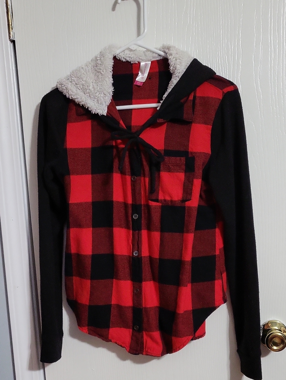 Shirt Jacket Hooded-No Boundaries Red & Black Buffalo Plaid Sherpa-Lined #1435